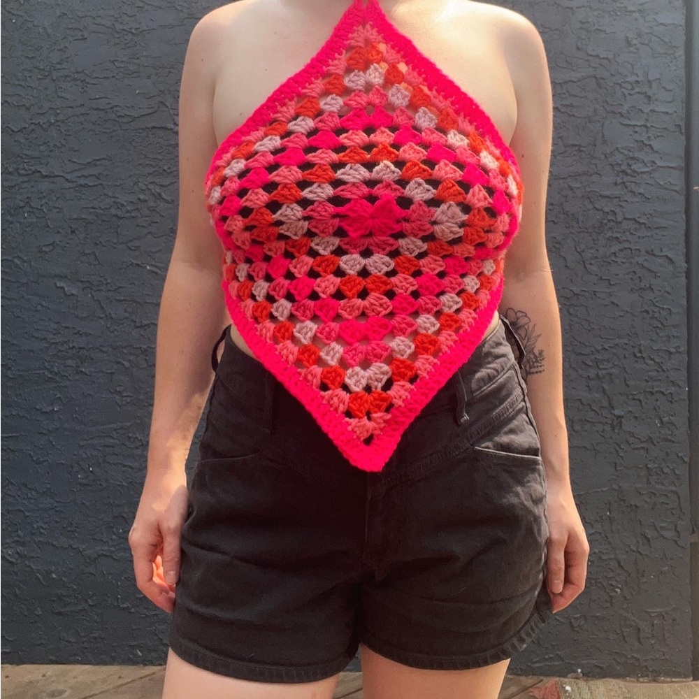 Barbie Pink Crocheted Halter Top Granny Square